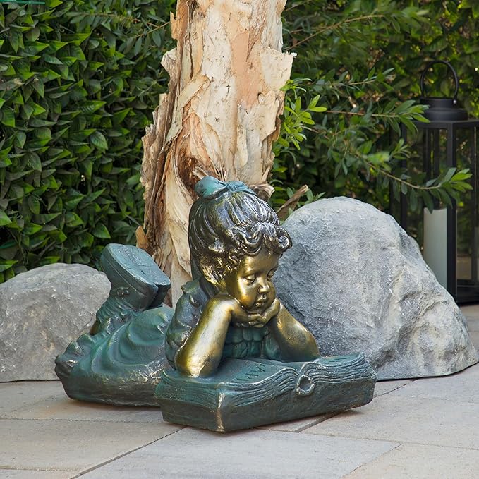 Alpine Corporation 16" Tall Indoor/Outdoor Girl Laying Down Reading Book Statue Set Yard Art Decoration