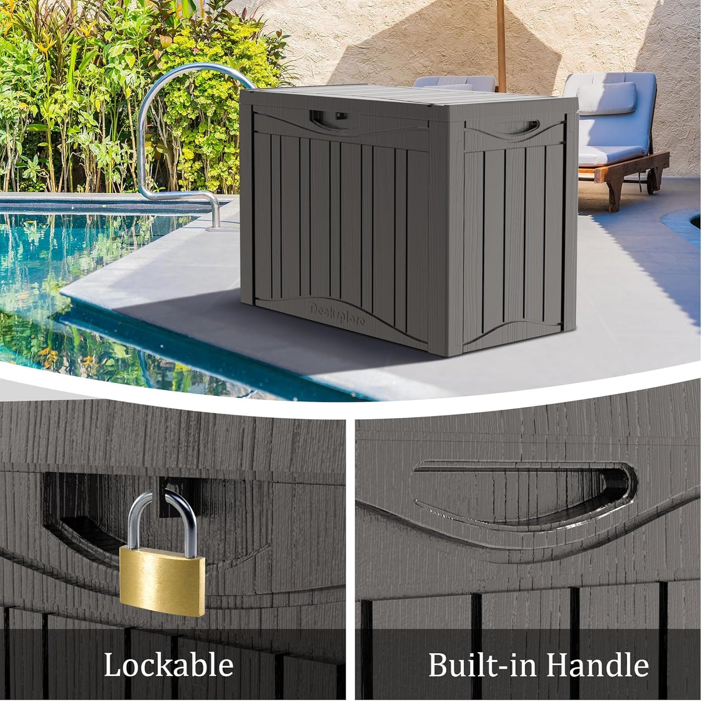 50 Gallon Waterproof Large Resin Deck Box Indoor/Outdoor Lockable Storage Container and Seating for Garden, Pool, and Patio (50 Gallon, Grey)