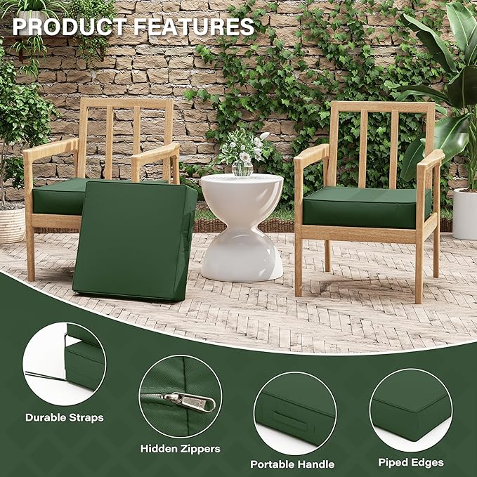 Patio Chair Cushions 22 X 22 X 4 Inch Waterproof Outdoor Seat Cushions for Patio Furniture, Outdoor Sofa Couch Pads with Ties & Handle, Set of 2, Green