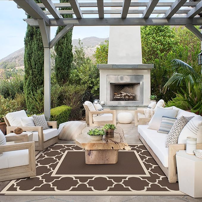 GENIMO 6' x 9' Outdoor Rug Waterproof for Patio Decor, Foldable Reversible Plastic Straw Area Rugs Mat for Camper, Outside Carpet for Rv, Deck, Porch, Picnic, Beach, Balcony, Coffee & Beige