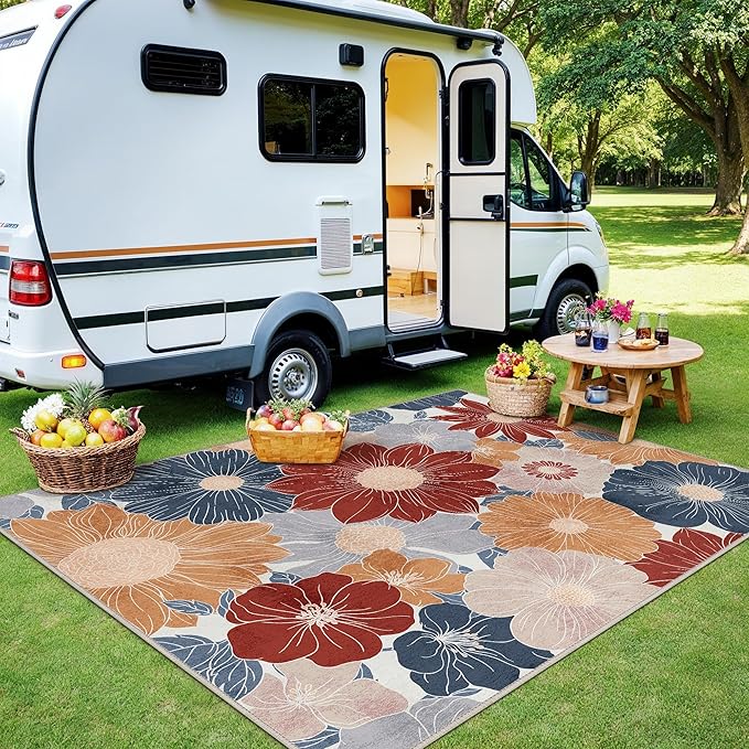 GENIMO Indoor Outdoor Area Rug 8' X 10' Waterproof, Washable Patio Rug Non Shedding, Easy Cleaning Floral Outdoor Carpet for Living Room, Bedroom, Dining Room, Balcony, Backyard, Deck, RV, Red Blue