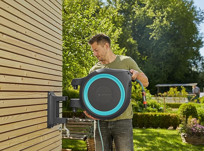 GARDENA (18630) Retractable Garden Hose Reel 115' x 1/2" Wall Mounted, Automatic Retraction & Length Lock for Easy Watering. Heavy Duty Swivel Bracket 180°, Includes Nozzle. Made in Europe