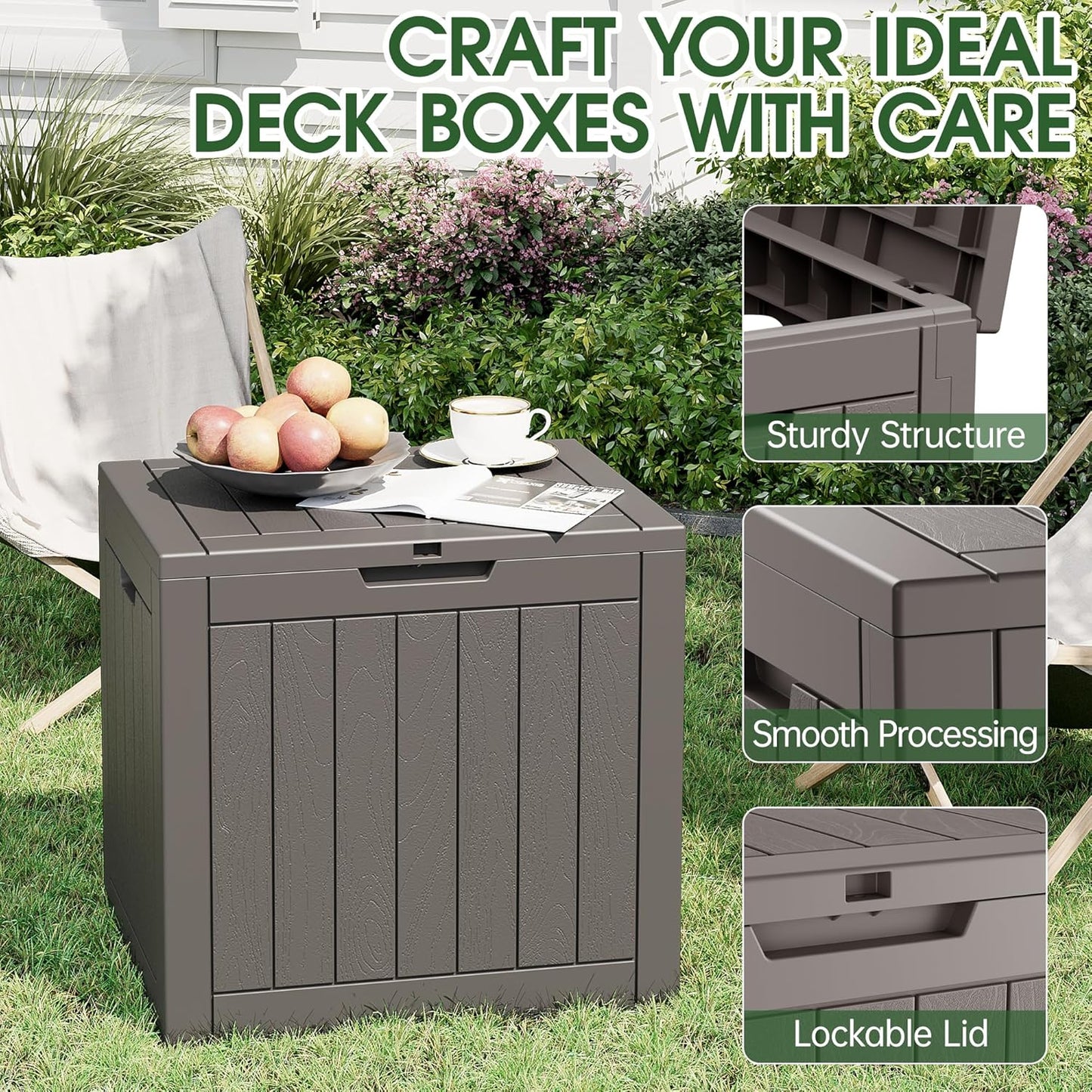 KAMABOKO Deck Box, 35 Gallon Resin Indoor and Outdoor Storage Boxes Waterproof for Garden Tools, Pool Accessories Storage Bench, Patio Furniture and Cushions with Lockable Lid, Grey