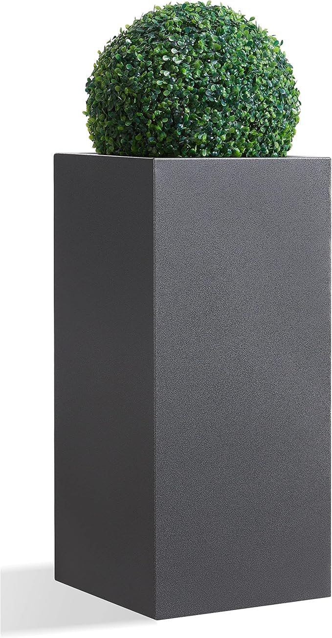 Metallic Heavy Tall Outdoor/Indoor Planter Box, Seamless Metal Planter, Rectangular, 14”Lx14”Wx30”H, 25 Pounds, Dark Gray, No Assembly, 1 Pack