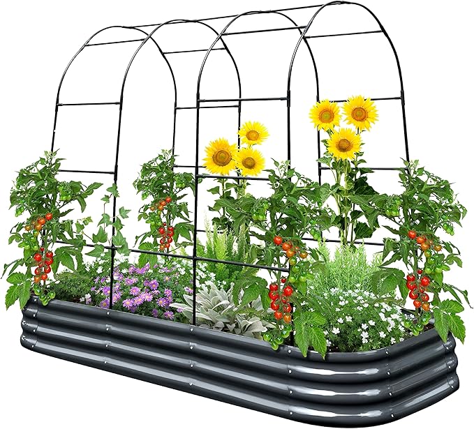 KING BIRD Raised Garden Bed with Arched Trellis Galvanized Planter Garden Box Outdoor for Gardening, Climbing Vegetables, Flowers 7.87x3.94x0.98 Ft, Dark Grey