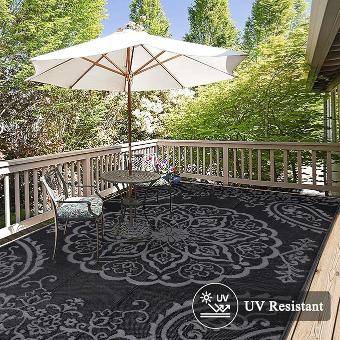 Pauwer Waterproof Outdoor Rug 6x9, Reversible Plastic Straw Patio Camping Rug, Indoor Outdoor RV Mat Carpet for Deck, Camper, Porch, Balcony, Backyard, Picnic, Boho Black Grey