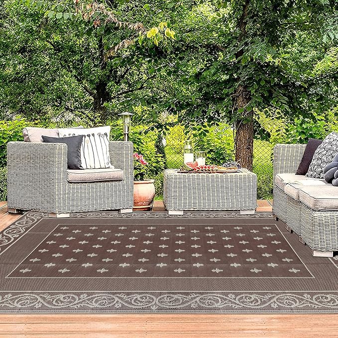Pauwer Waterproof Outdoor Rug 6x9, Reversible Plastic Straw Patio Camping Rug, Indoor Outdoor RV Mat Carpet for Deck, Camper, Porch, Balcony, Backyard, Picnic, Bordered Brown