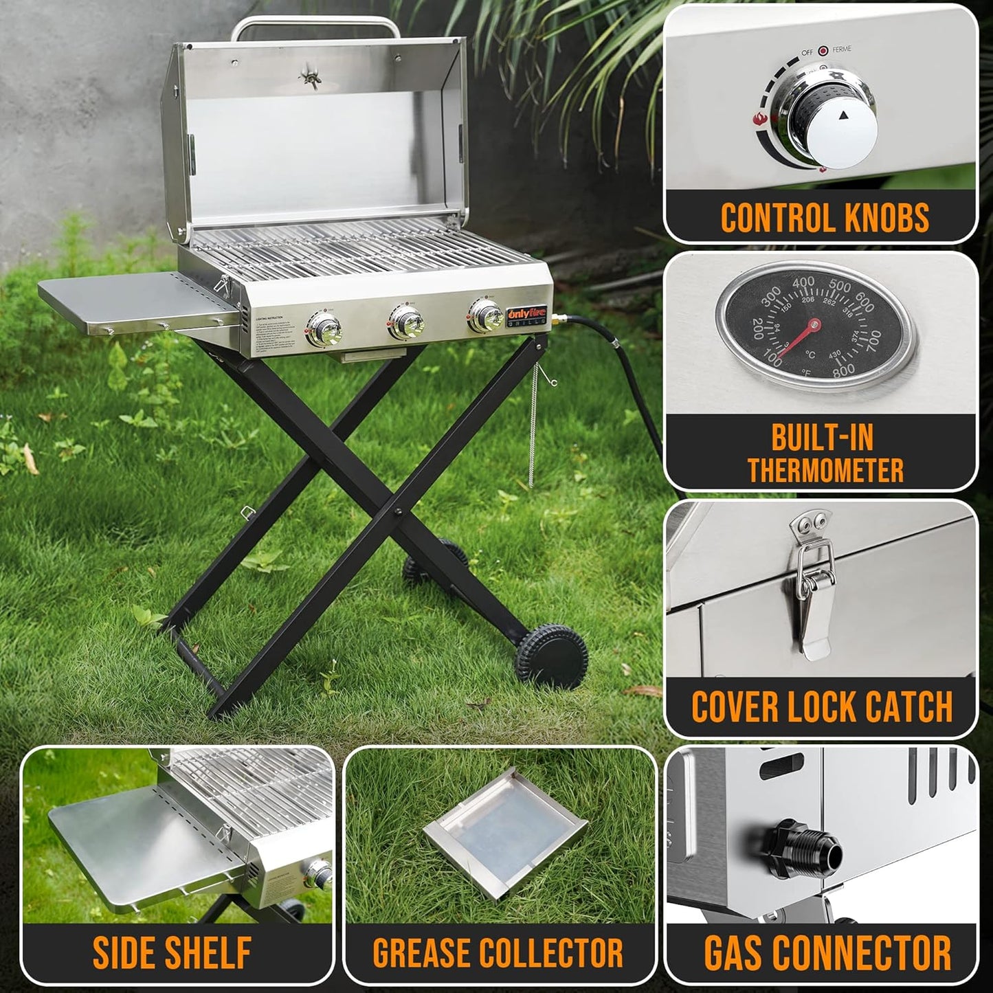 BBQ Gas Grill 3-Burner with Foldable Cart & Side Table, Portable Propane Grill with Lid for Outdoor Patio Backyard Barbecue Camping Tailgating RV Trip, Stainless Steel, GS308