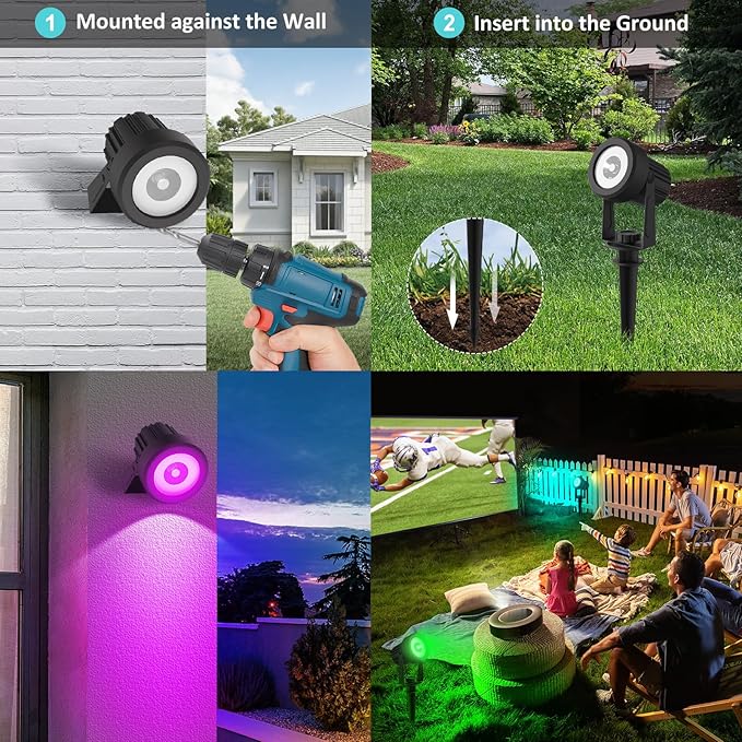 T-SUNUS Color Changing Solar Landscape Spotlights 2 Pack, IP65 Waterproof Lights 9.8ft Cable, Outdoor RGB Spot Light With Separated Panel for Yard Garden Driveway Porch Walkway Pool Patio