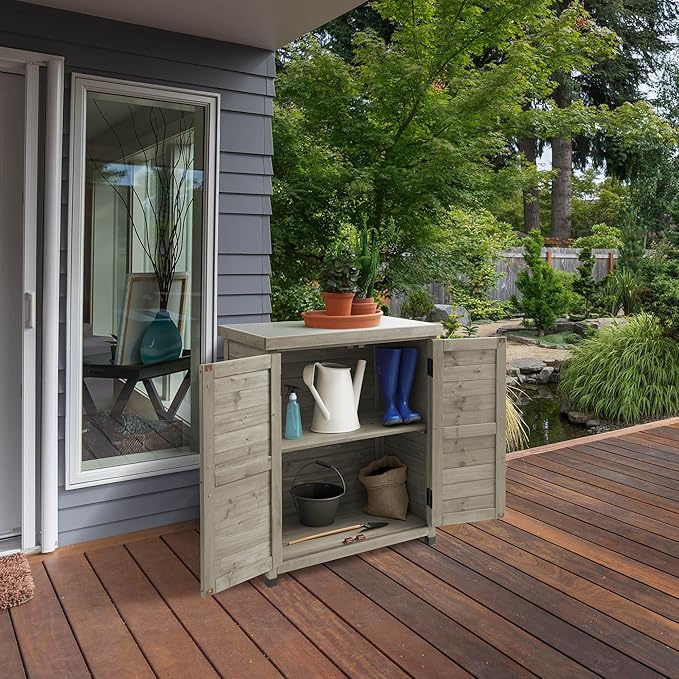 Casafield Outdoor Garden Potting Bench with Metal Tabletop and Storage Cabinet - Wooden Outdoor Garden Patio Workstation Table, Gray