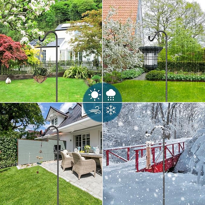 Gtongoko 2 Pack 108 Inch Tall Shepherds Hooks for Outdoor Bird Feeders, Heavy Duty Bird Feeder Pole Stand, Adjustable Hanger for Plant, Lights, Lanterns Wedding Decor with 7 Prongs Base