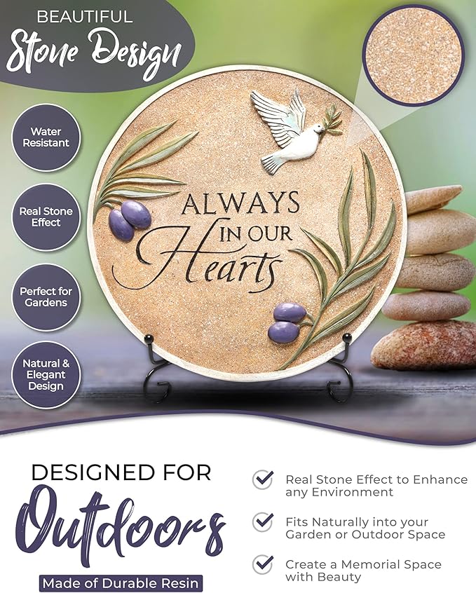 10-Inch Garden Memorial Stone with Included Plaque Stand & Sympathy Card, Memorial Plaques for Outdoors with Peace Dove Amongst Olive Branches, Memorial Stepping Stone for Loss of Loved One