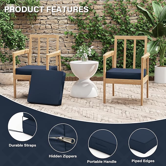 Patio Chair Cushions 17 X 16 X 3 Inch Waterproof Outdoor Seat Cushions for Patio Furniture, Outdoor Sofa Couch Pads with Ties & Handle, Set of 2, Navy Blue