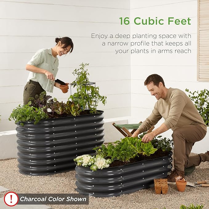 Best Choice Products 4x2x2ft Outdoor Metal Raised Garden Bed, Oval Deep Root Planter Box for Vegetables, Flowers, Herbs, and Succulents w/ 101 Gallon Capacity, Rubber Edge Guard - Wood Grain