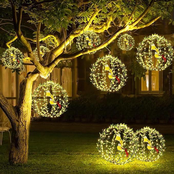 Joomer Solar Lights Outdoor, 2 Pack 12in 120 LED Solar Hanging Light Balls Outdoor, 8 Modes Waterproof Foldable Metal Sphere Light with Hook for Outside Hanging - Warm White(Ball with Green Leaf+Bird)