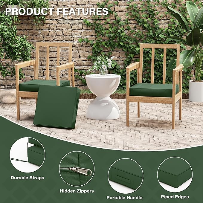 Patio Chair Cushions 17 X 16 X 3 Inch Waterproof Outdoor Seat Cushions for Patio Furniture, Outdoor Sofa Couch Pads with Ties & Handle, Set of 2, Green