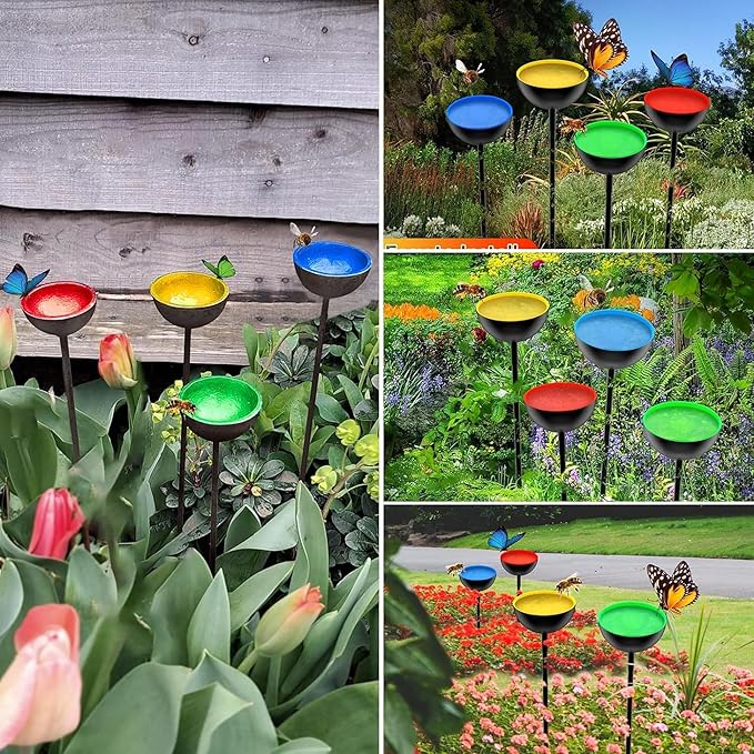 HLMOptimo 2 Packs/4 Packs Bee Watering Stations, Bee Cups for Garden, Bee Butterfly Water Station Bee Waterer, Metal Garden Stakes for Outdoor Garden Courtyard Decor (Yellow and Blue)