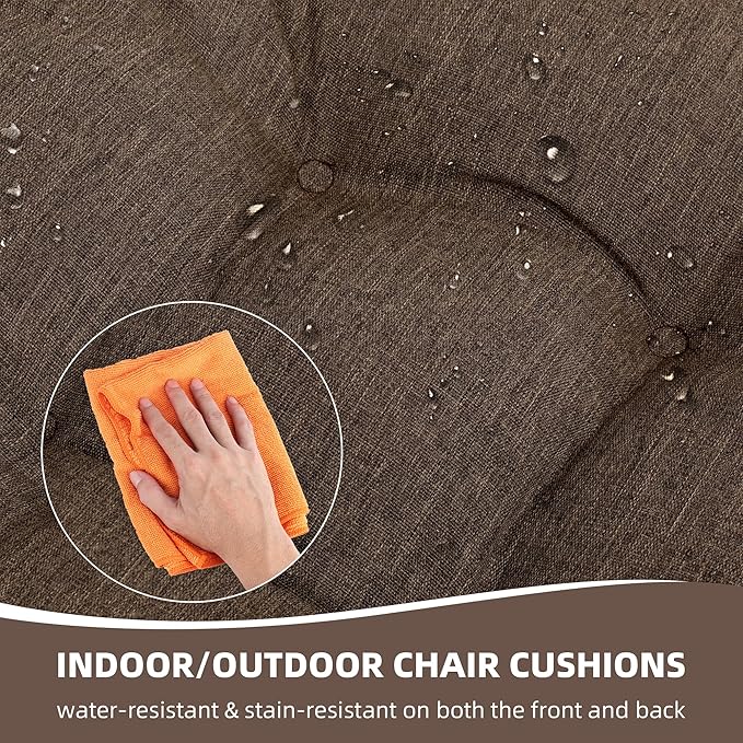 RACE LEAF Patio Chair Cushions 19x19 4 Pack, Thickened Heavy Duty Outdoor Cushions Stain & Water Resistant Non-Slip Ties Tufted (Brown)