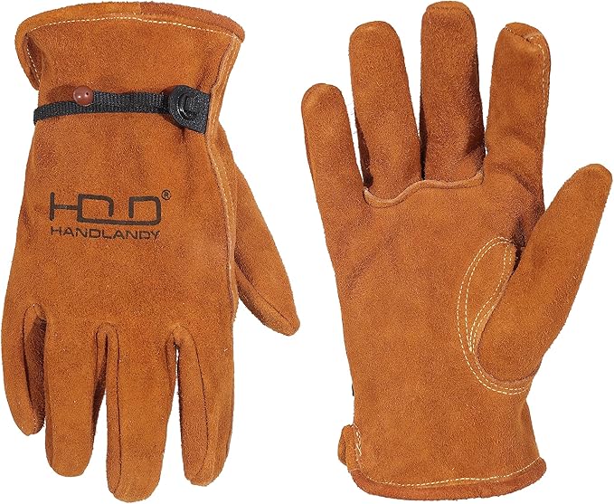 HLDD HANDLANDY Leather Work Gloves for Men & Women, Adjustable Wrist Cowhide Gardening Glove with Reinforced Palm for Driver