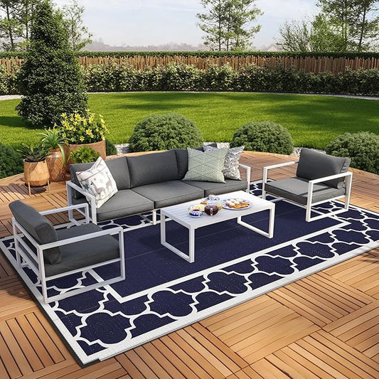 GENIMO 9' x 18' Outdoor Rug Waterproof for Patio, Foldable Reversible Plastic Straw Area Rugs Mat for Rv Decor, Outside Carpet for Camper, Deck, Picnic, Beach, Balcony, Porch, Blue & White