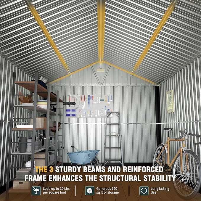 10x12 Ft Outdoor Storage Shed, Extra Large Metal Shed with Frame Floor, Lockable Doors, 2 Windows, Outside Steel Tiny House Ideal for Garden, Backyard, Patio Utility, Tool Storage