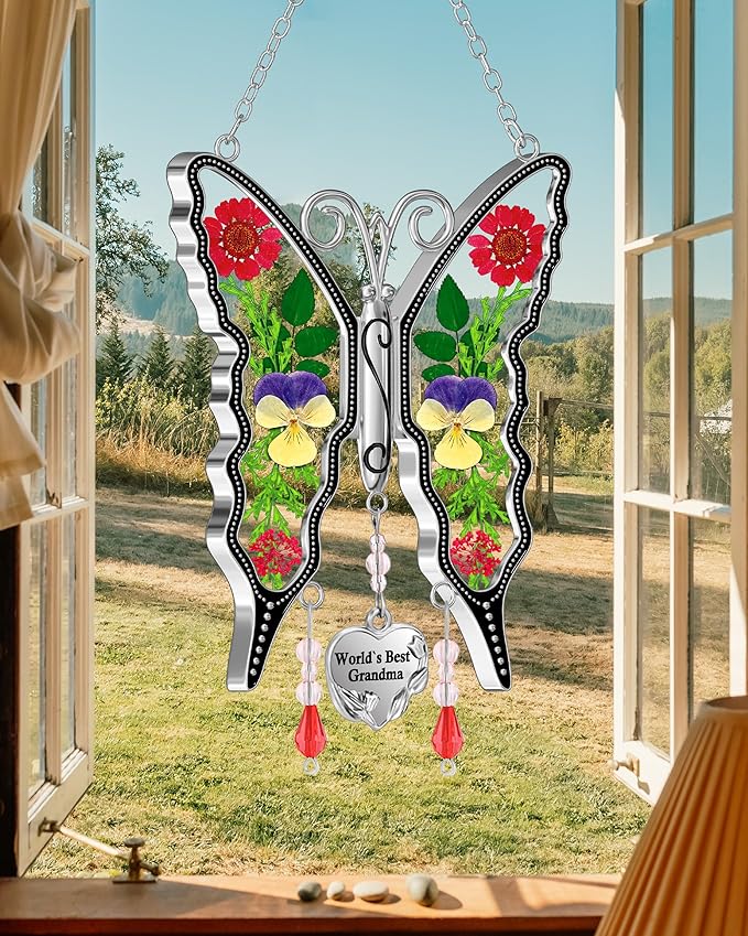 KY&BOSAM New Butterfly Suncatcher Stain Glass World`s Best Grandma Butterfly Suncatcher Hanging for Window Wind Chime Gifts for Grandma Mother`s Day Valentine's Birthday Christmas Thanksgiving