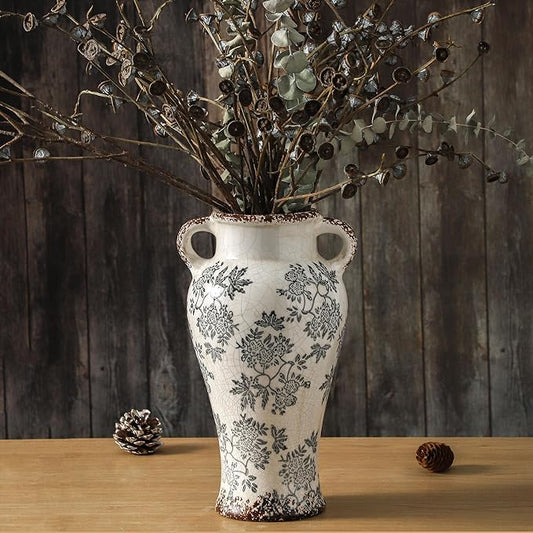 Enra Vintage vase with Handle,12.6 inch Blue and White Ceramic Decorative Flower vase, Chinoiserie Floral Vase,Large Rustic Vases for Home Decors, Living Room, Bookshelf, Office