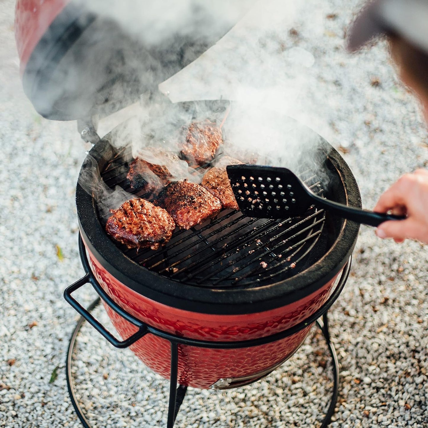 Kamado Joe KJ13RH Joe Jr. 13.5 inch Portable Charcoal Grill with Cast Iron Cart and Heat Deflectors, Blaze Red and Kamado Joe KJ15090620 Cast Iron Sear Plate