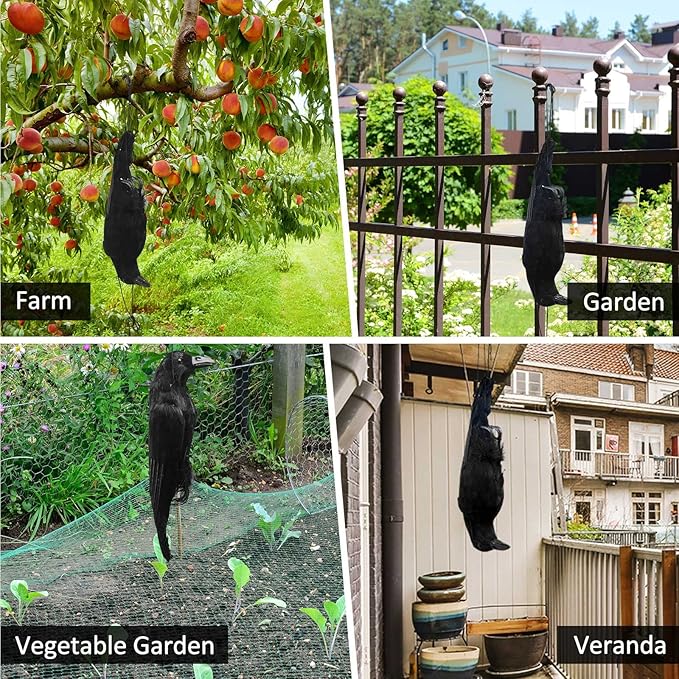 Lewtemi 2 Pcs 17 Inch Realistic Hanging Dead Crows Decoy Life Size Black Feathered Crow Fake Black Crows for Garden Decorations