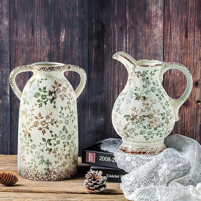 Enra Large Vintage Green and Beige Ceramic Chinoiserie Floral Vase, 11.2 Inch Rustic Decorative Flower Vase for Home, Living Room, Kitchen, or Office – Pastoral Retro Design
