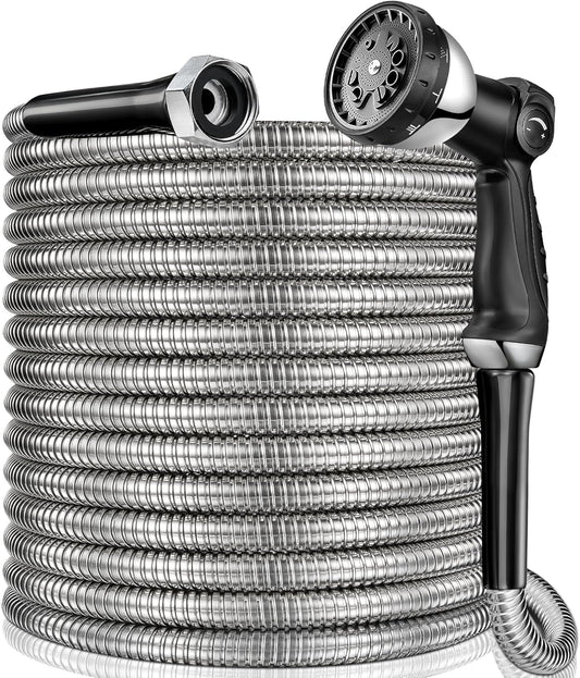 200 ft Garden Hsoe - 2025 New 304 Stainless Steel Garden Hose with 10-Function Spray Gun, 3/4'' Copper-Chrome Fittings – Lightweight, Durable, and Kink-Free, Metal Water Hoses for Gardening