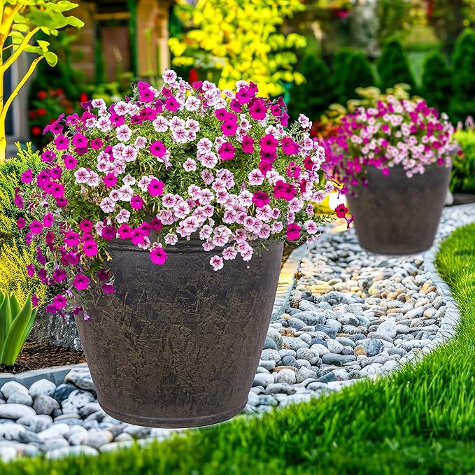 Sunnydaze 24-Inch Anjelica Large Plastic Pot for Plants - Outdoor Polyresin Round Planter with Drillable Drainage Holes - Sable - 4pk