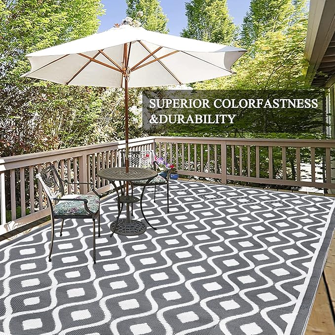 Pauwer Waterproof Outdoor Rug 8x10, Reversible Plastic Straw Patio Camping Rug, Indoor Outdoor RV Mat Carpet for Deck, Camper, Porch, Balcony, Backyard, Picnic, Geometric Grey