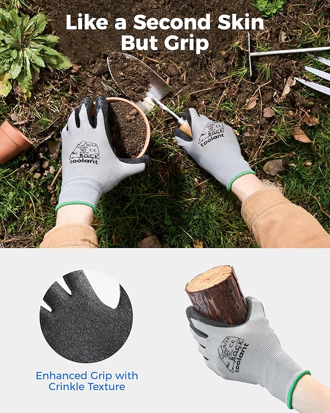 toolant Crinkle Latex Work Gloves Bulk, Rubber Coated Safety Work Gloves for Men and Women, 12 Pairs for Construction, Gardening, Warehouse (Gray, Medium)