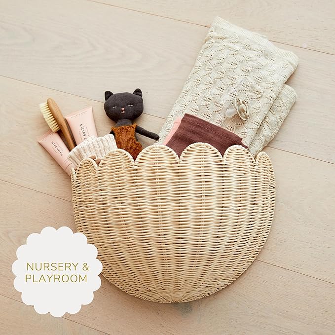 BEBE BASK Scalloped Wicker Wall Basket - The Original - Hand Woven Basket - Scalloped Décor Wall Hanging Baskets -16" x 10" x 7"In - Hanging Wall Basket (Natural)