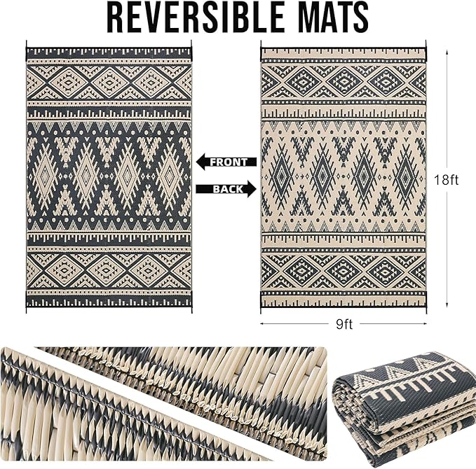 OLANLY Outdoor Rug Waterproof 9x18 ft, Reversible Outdoor Plastic Straw Rug, Boho Patio Rug, Indoor Outdoor Carpet, RV Mat Outside for Patio, Camp, Picnic, Balcony, Deck, Backyard, Black & Beige