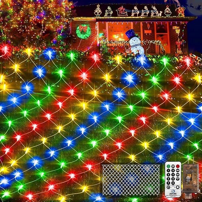 KNONEW Christmas Net Lights 360 LEDs 13ft x 9.8ft Outdoor Mesh Lights Connectable Waterproof 8 Modes & Timer Plug-in Net Fairy Lights for Bushes Garden Party Wedding Holiday,Multicolor