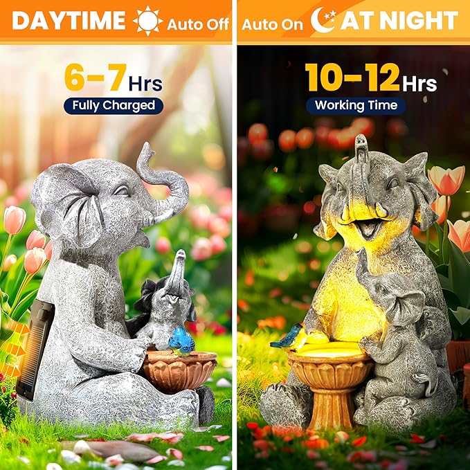GIGALUMI Solar Garden Decor Bird Bath Elephant Statues Outdoor, Birthday Gifts for Women, Gifts for Mom Grandma Senior Elder, Elephant Ornament for Balcony, Garden, Patio, Yard, Lawn