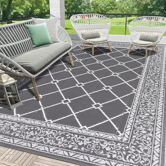 HEBE Outdoor Rug Waterproof 8x10, Reversible Plastic Straw Rug RV Camping Rug, Indoor Outdoor Patio Mat Clearance, Outside Carpet for Porch,Deck,Camper,Balcony,Backyard,Picnic