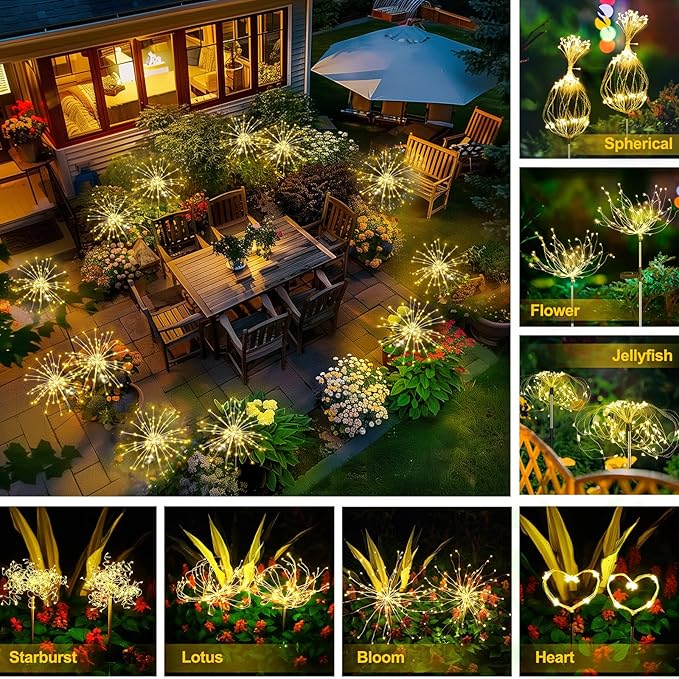 Anordsem Solar Fireworks Lights for Outdoor: Garden Light Waterproof for Yard Outside Decoration-Sparkler Stick LEDs for Pathway Lawn -Twinkle Lamp Powered Walkway Stake Party 4 Pack Warm White