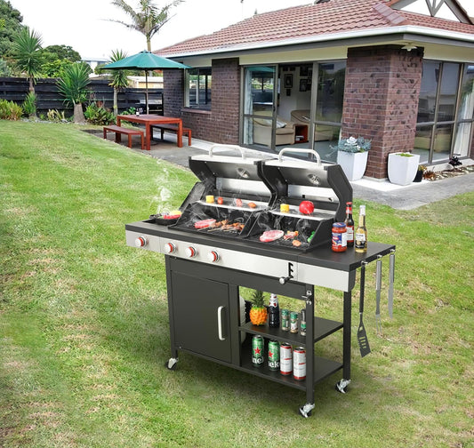 3-Burner Propane Gas BBQ Grill with Side Burner and Charcoal Grill Combo, 37,230 BTU, Enameled Cast Iron Grates, Stainless Steel Outdoor Grill for Patio and Backyard