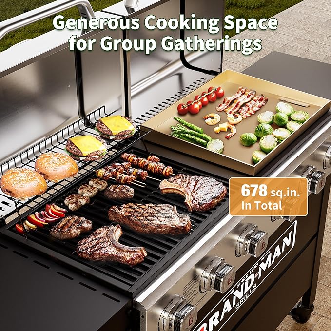 Brand-Man Griddle Grill Combo 6-Burner, 2 in 1 Versatile Propane Gas Grill and Griddle with Double Stainless Steel Lids, BBQ Combo for Outdoor Kitchen & Backyard Barbecue Cooking