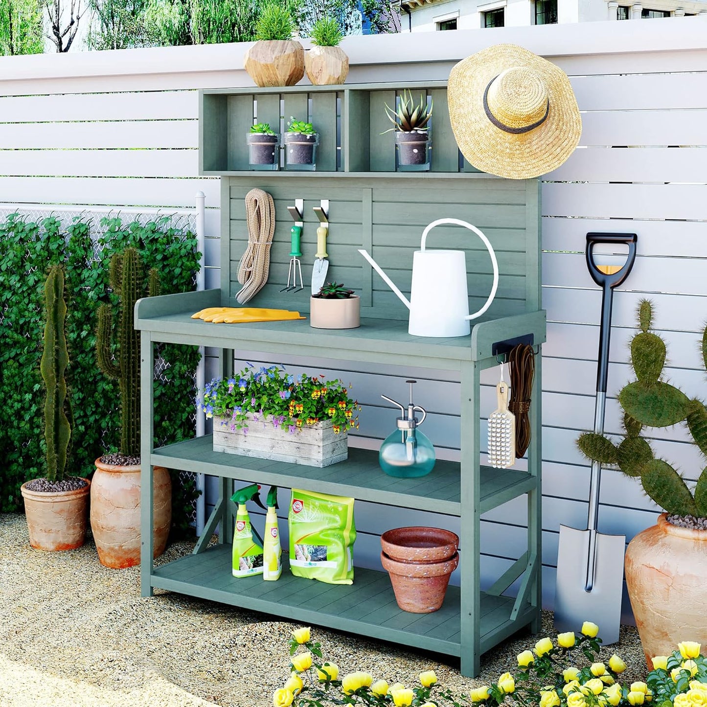 Merax 65" Large Wooden Farmhouse Rustic Outdoor Potting Bench Table with 4 Storage Shelves and Side Hook, Patio Workstation, for Garden, Backyard, Green