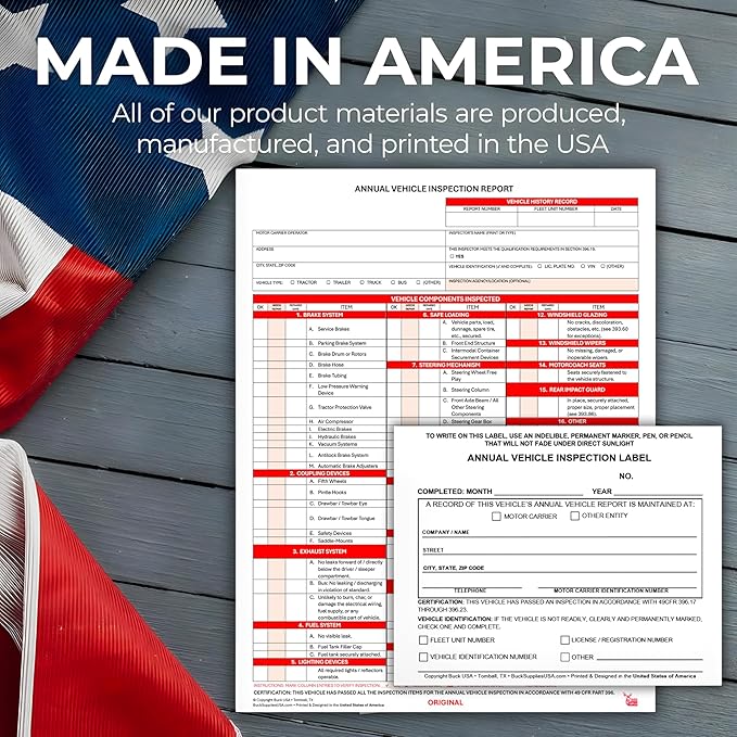 100 Pack 3-Ply Carbonless Annual Vehicle Inspection Report Forms with FMCSA 2-Ply Mylar Laminate Adhesive Vinyl Labels, DOT Inspection Forms and Stickers, Shrink-Wrapped, 8.5" x 11.75" - Made in USA
