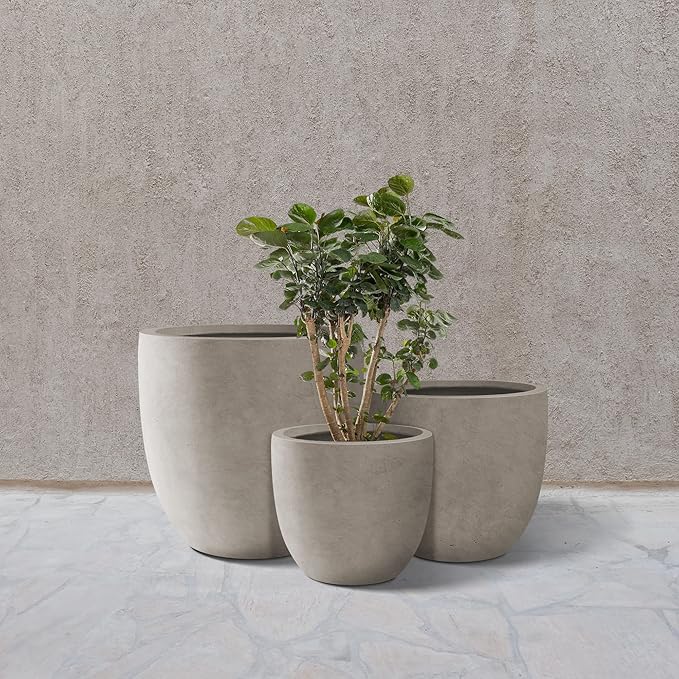 Kante 18",14",10" Dia Concrete Round Planters (Set of 3), Outdoor Indoor Large Planter Pots with Drainage Hole and Rubber Plug for Home Patio Garden, Buff Concrete