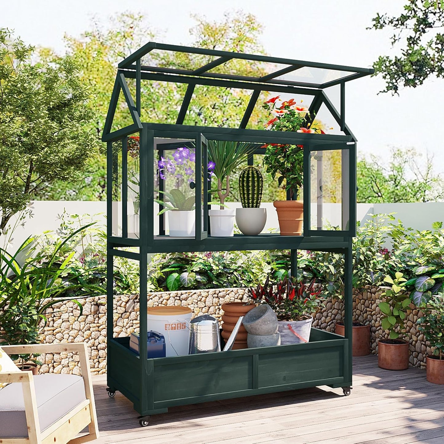Garden Wood Portable Cold Frame - Mini Greenhouse with Wheels, Open Roof & Storage (Green + Beige + Beige)
