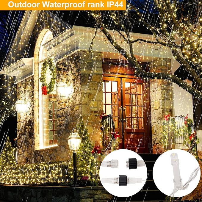DDMY Christmas Lights Outdoor Decorations 416 LEDs 34 FT 8 Modes Curtain String Light with 78 Drops, Waterproof Clear Wire LED Light for Christmas Party Decor, House, Garden, Yard Decoration