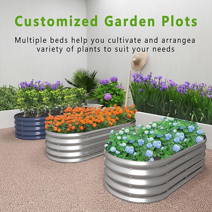KFN 12x1.8x1FT Galvanized Raised Garden Bed,Raised Garden Bed Kit-Oval Metal Vegetable Box,Large Planter Flower Boxes Outdoor,Planting for Vegetables,Flower,Herb,Sliver,0.7mm