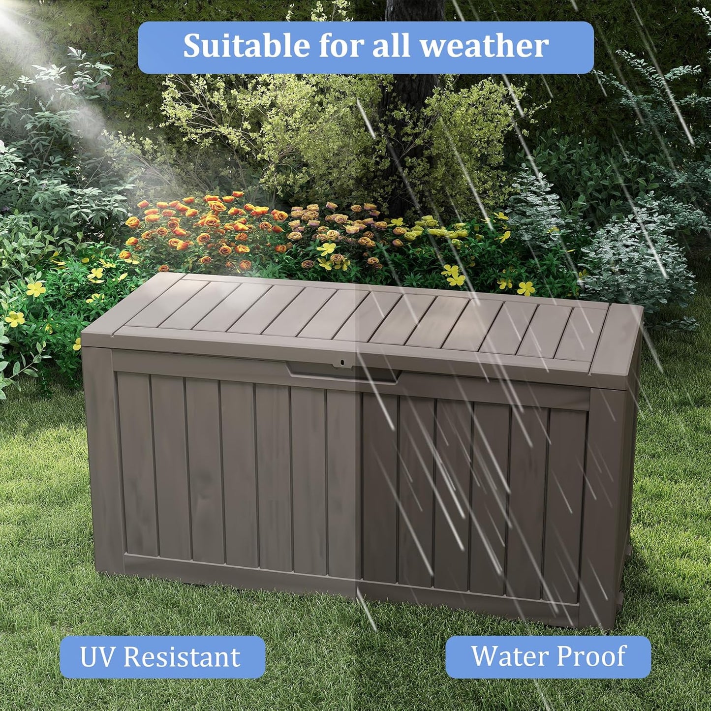 75 Gallon Waterproof Large Resin Deck Box Indoor/Outdoor Lockable Storage Container and Seating for Garden, Pool, and Patio (75 Gallon, Grey)