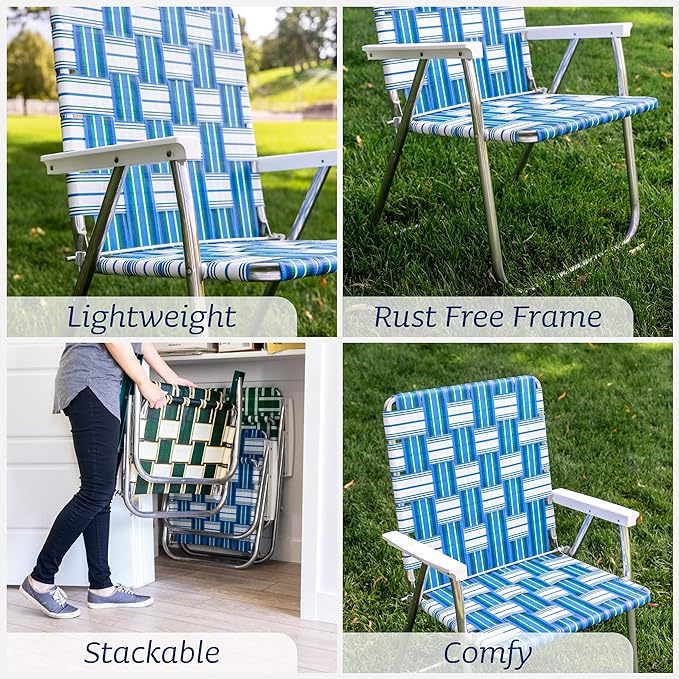 Lawn Chair USA Folding Aluminum Outdoor Patio Lawn Chair | Heavy-Duty Webbed Chairs for Camping, Sports, Beach, Yard & Tailgating | Lightweight Portable | Magnum - Blue and White with White Arms